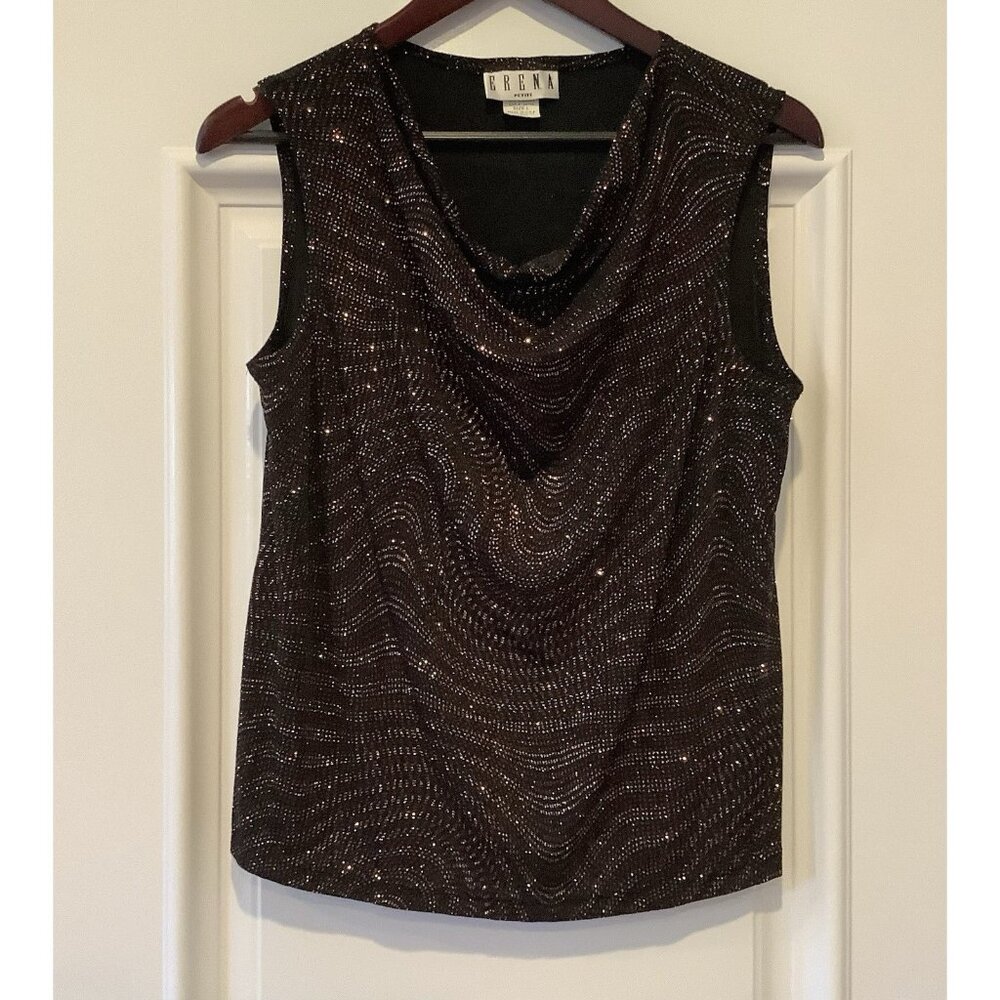 Vintage Erena Sleeveless Blouse Top Petite Large Black With Silver Cowl Neck USA
